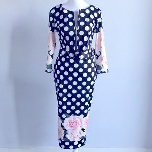 CBR vintage floral and polka dot dress w belt NWT